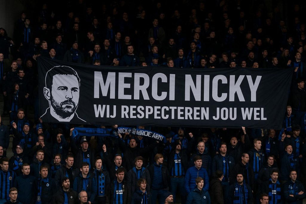 Club Brugge-fans tonen een groot spandoek voor Nicky Hayen in het stadion