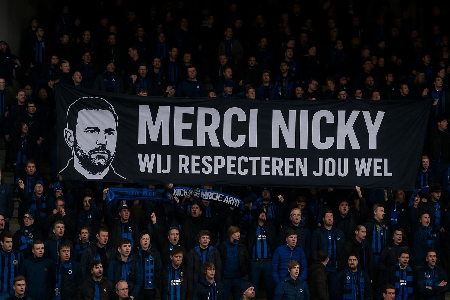 Club Brugge-fans tonen een groot spandoek voor Nicky Hayen in het stadion