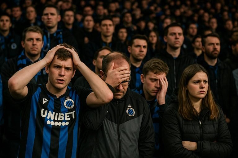Teleurgestelde fans van Club Brugge op de tribunes na verlies tegen Arsenal