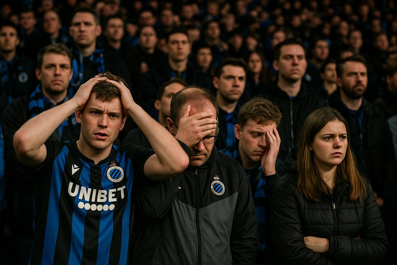 Teleurgestelde fans van Club Brugge op de tribunes na verlies tegen Arsenal