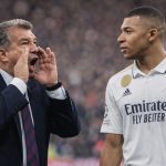 Joan Laporta die naar Kylian Mbappé roept