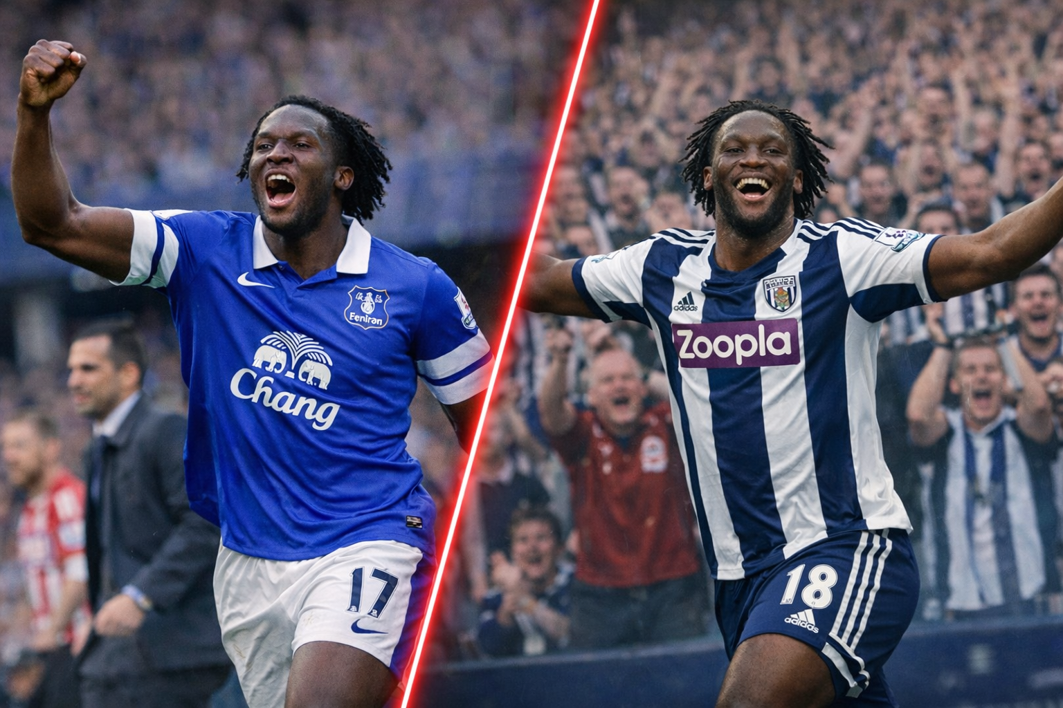 Romelu Lukaku in Everton-shirt en West Brom-tenue.