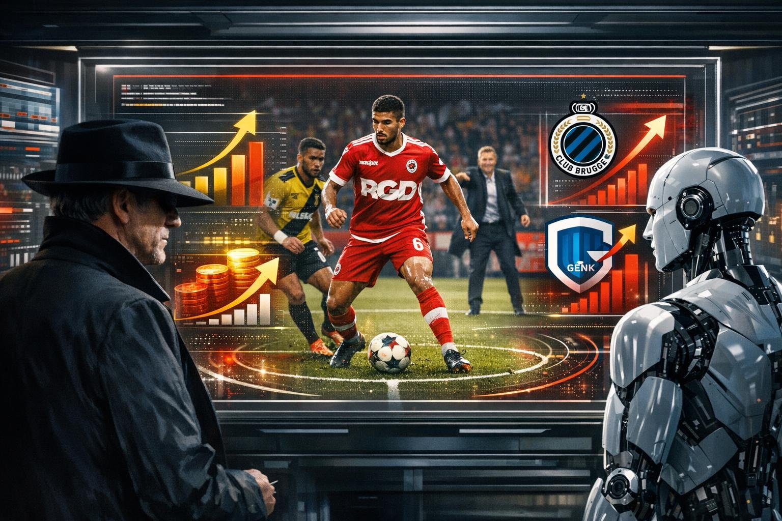 Een controlerende middenvelder (nummer 6) die onder druk het spel stuurt in een Belgisch stadion.