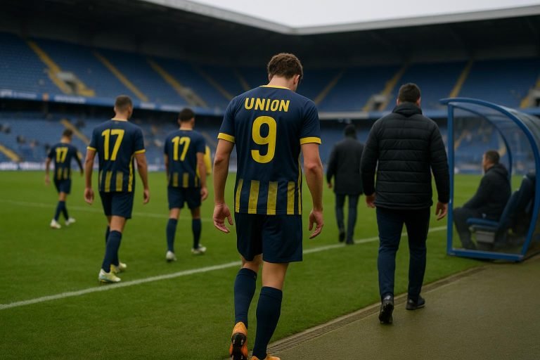 Sfeerbeeld in een stadion na een wedstrijd, met stafleden aan de zijlijn