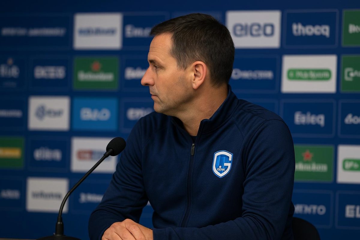 Nicky Hayen tijdens een persmoment van KRC Genk in Europese context