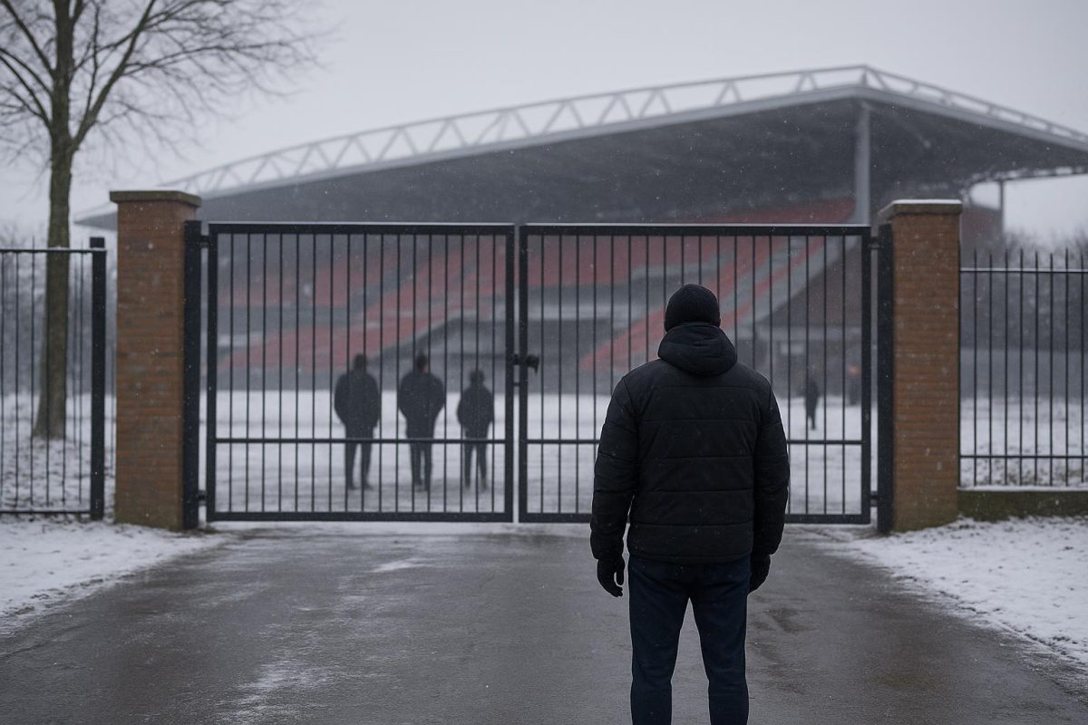 Sfeerbeeld in en rond het Lotto Park tijdens de wintermercato, met focus op transfercontext zonder herkenbare gezichten.