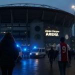 Buitenkant van de Johan Cruijff ArenA in Amsterdam na een wedstrijd, met politieaanwezigheid.