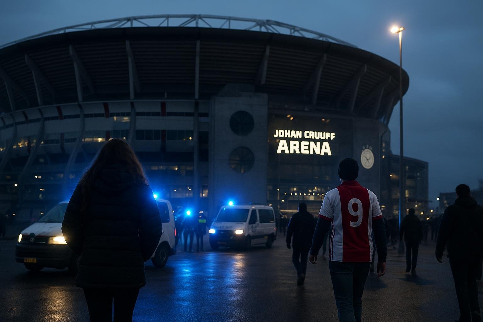 Buitenkant van de Johan Cruijff ArenA in Amsterdam na een wedstrijd, met politieaanwezigheid.