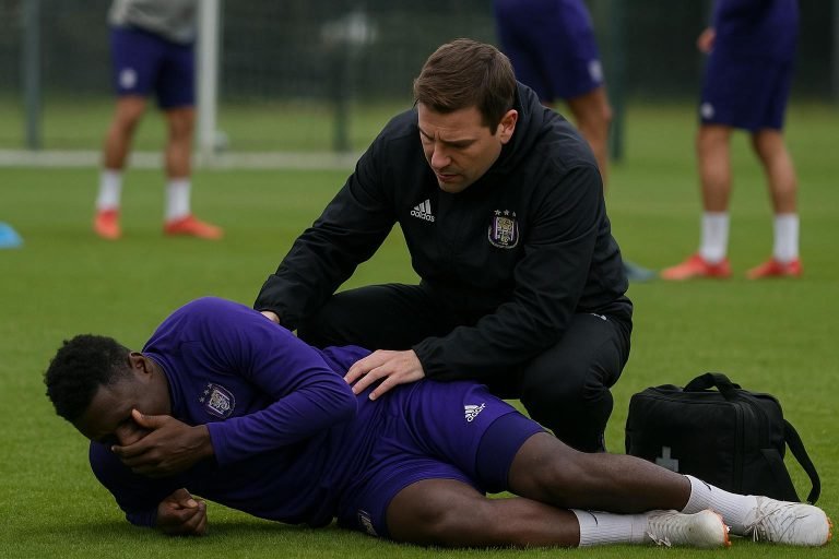 Training van RSC Anderlecht met focus op blessurezorgen in de verdediging