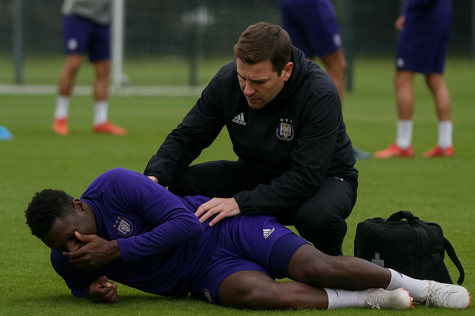 Training van RSC Anderlecht met focus op blessurezorgen in de verdediging