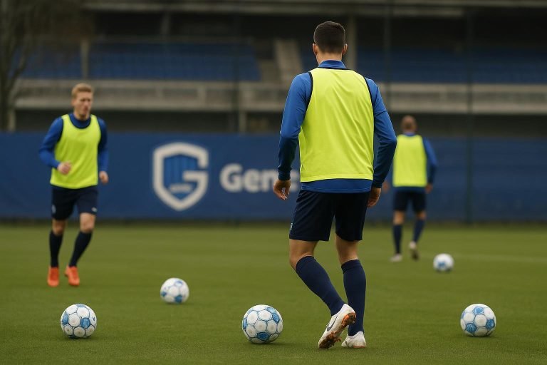 Spelers van KRC Genk tijdens een training in winterse context