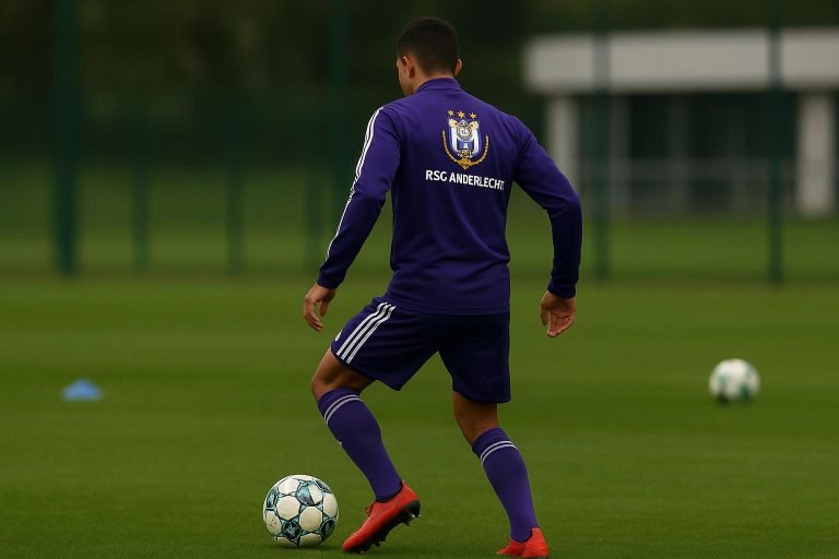 Een trainingsbeeld van Anderlecht met focus op een jonge rechtsback in clubkleuren