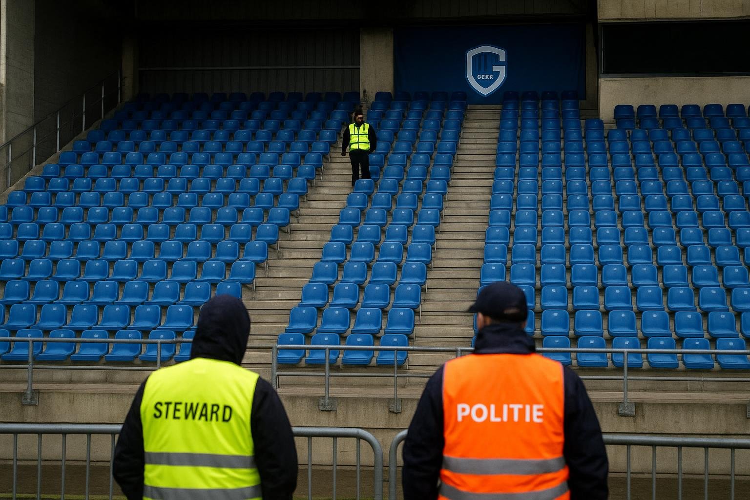 Leeg bezoekersvak met veiligheidsdiensten in het stadion van FC Utrecht tijdens Europa League-avond met KRC Genk
