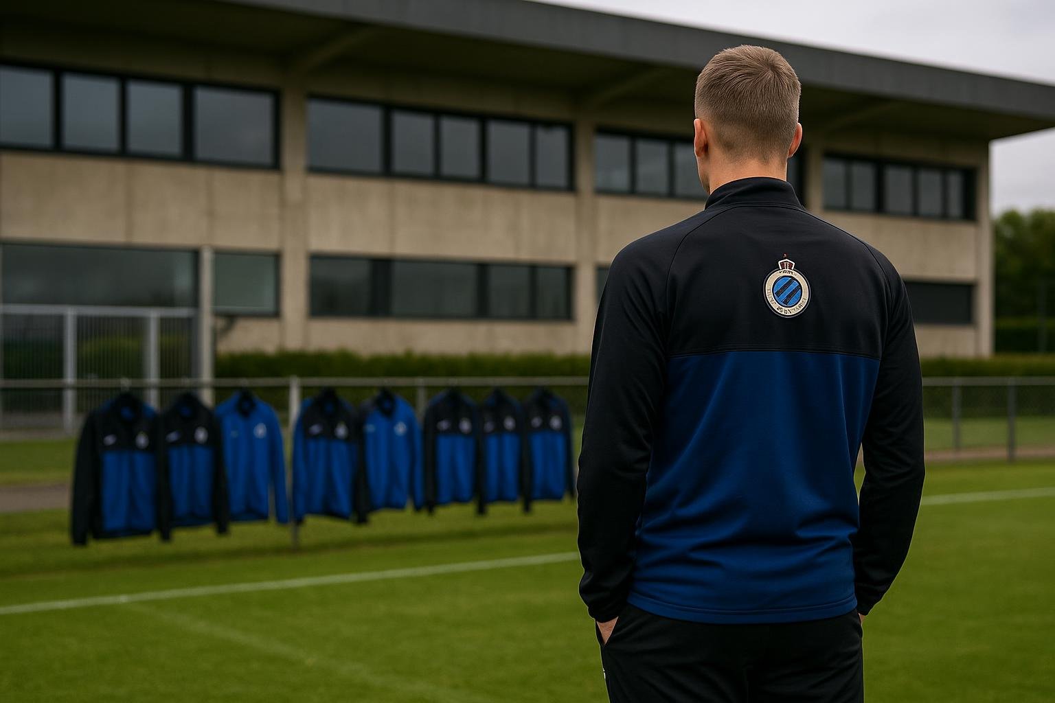 Transfercontext bij Club Brugge met onscherpe spelers op een trainingsterrein