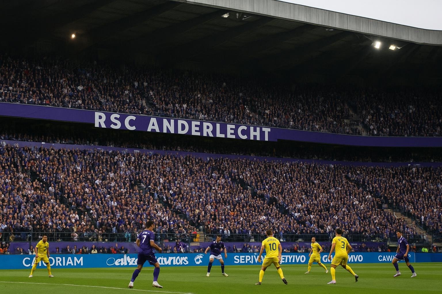 Algemene wedstrijdactie in stadion in Anderlecht-kleuren