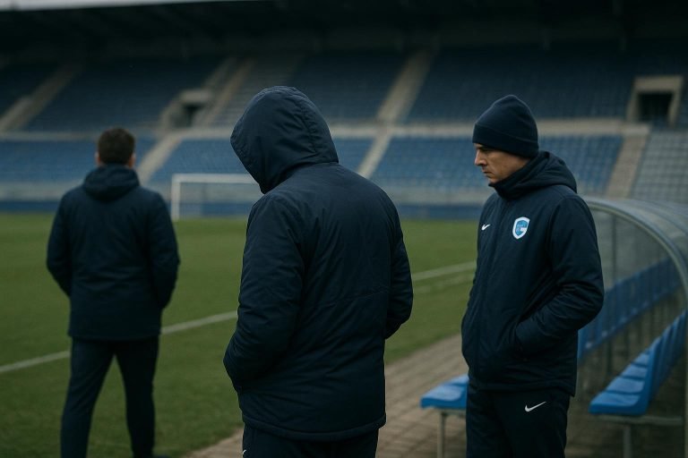 Sfeerbeeld op training bij KRC Genk tijdens de winterperiode, met spelers op de achtergrond