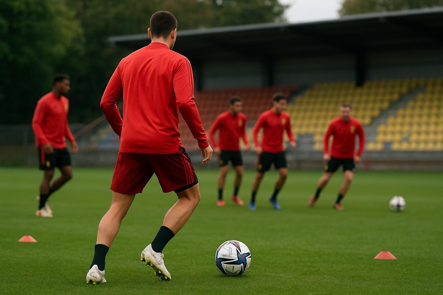 Spelers van de Rode Duivels tijdens een training in aanloop naar een oefenwedstrijd