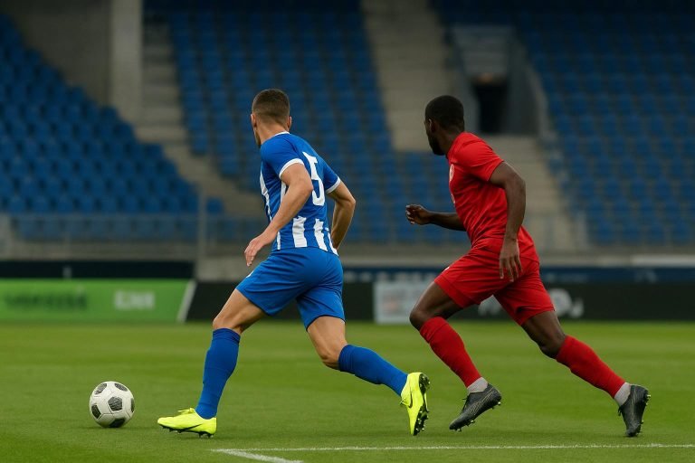 Actiebeeld in een stadion met een speler in aanvallende actie, gelinkt aan de transferpiste van KRC Genk.