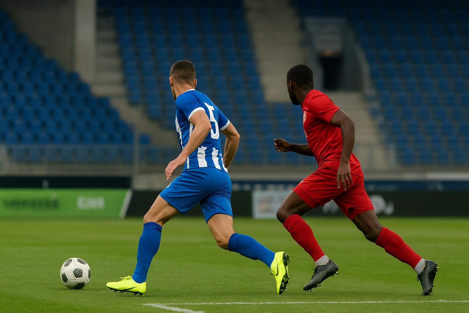 Actiebeeld in een stadion met een speler in aanvallende actie, gelinkt aan de transferpiste van KRC Genk.