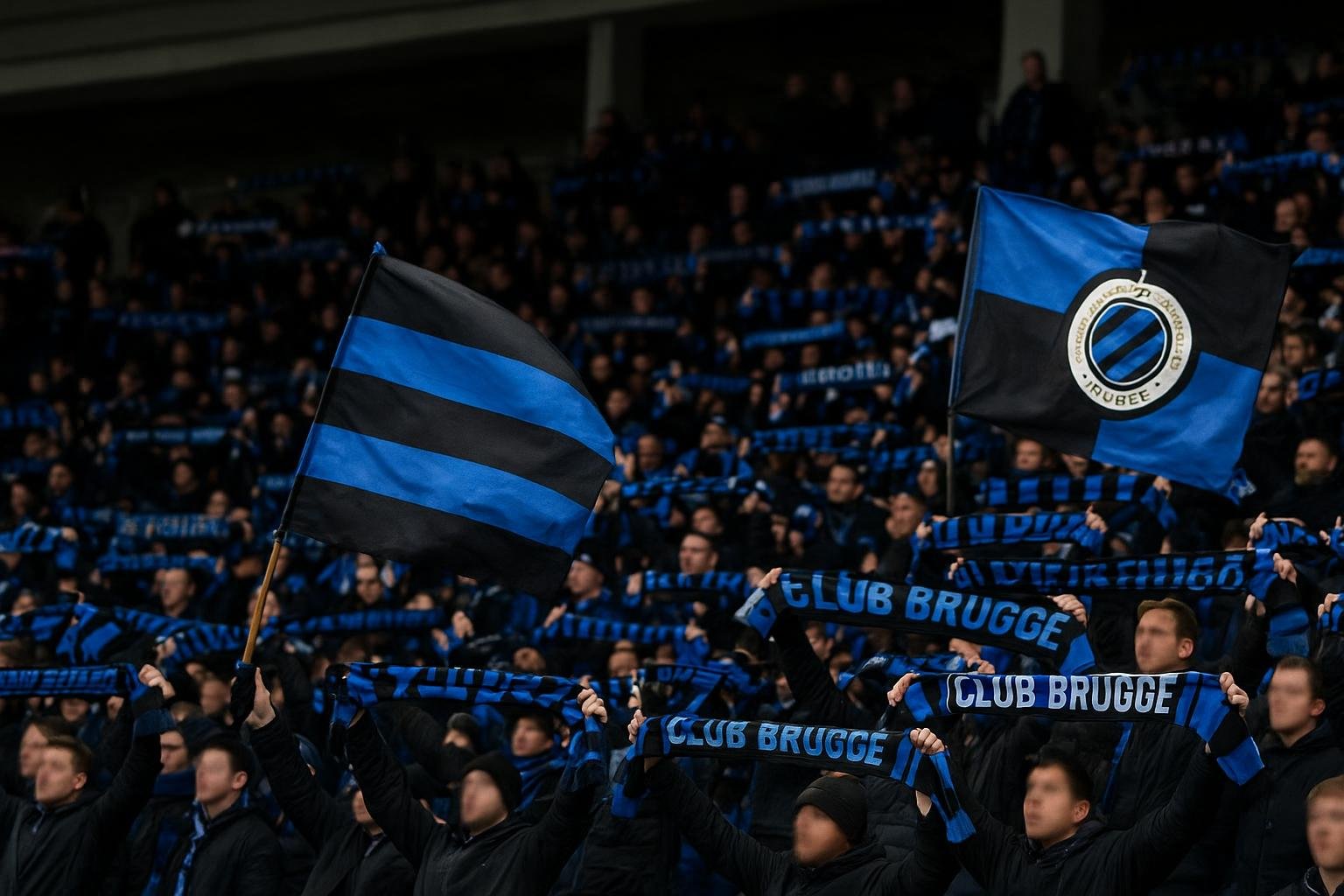Supporters van Club Brugge in het uitvak tijdens een Europese wedstrijd, zonder herkenbare gezichten.