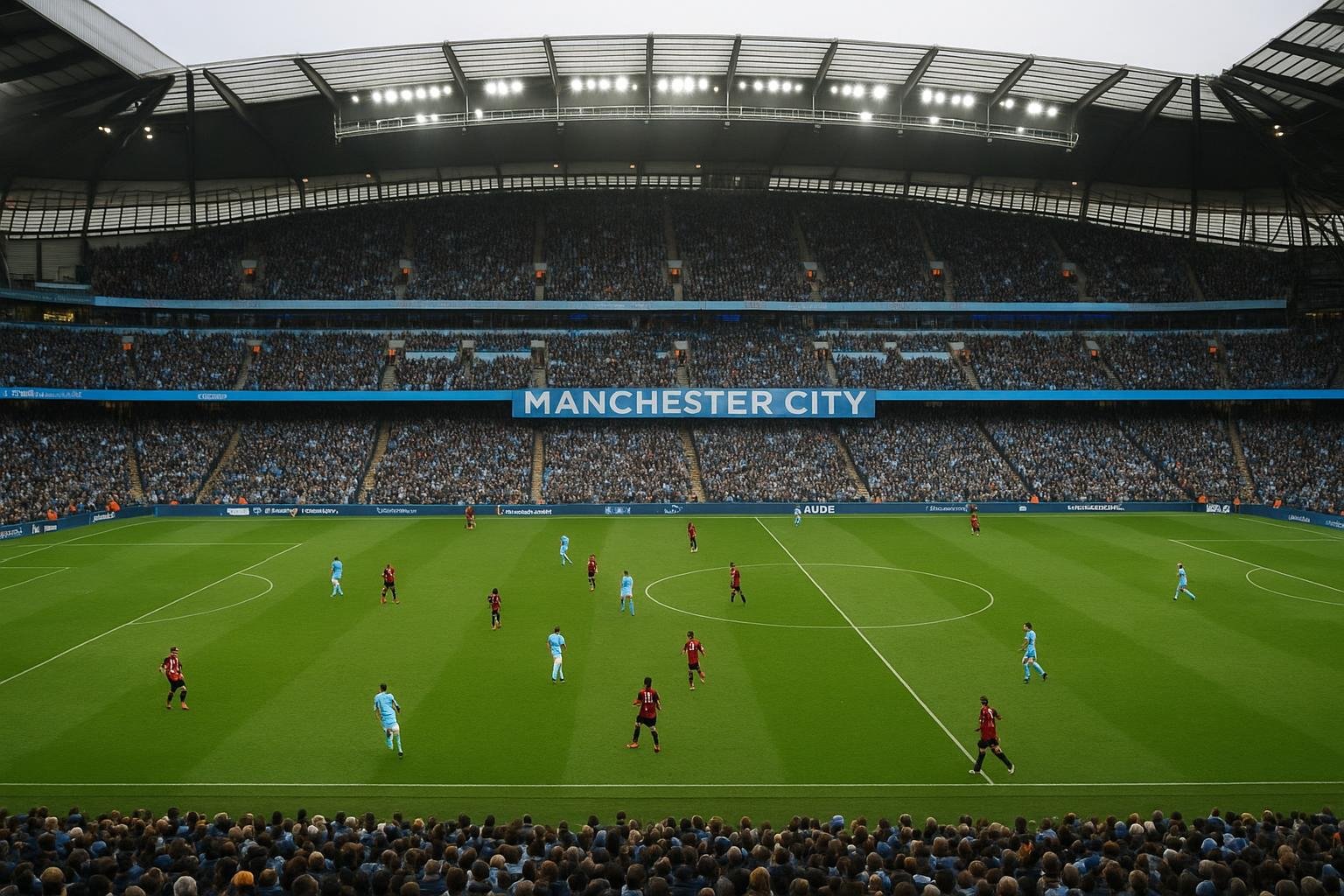 Algemene wedstrijdsfeer rond een Premier League-duel van Manchester City