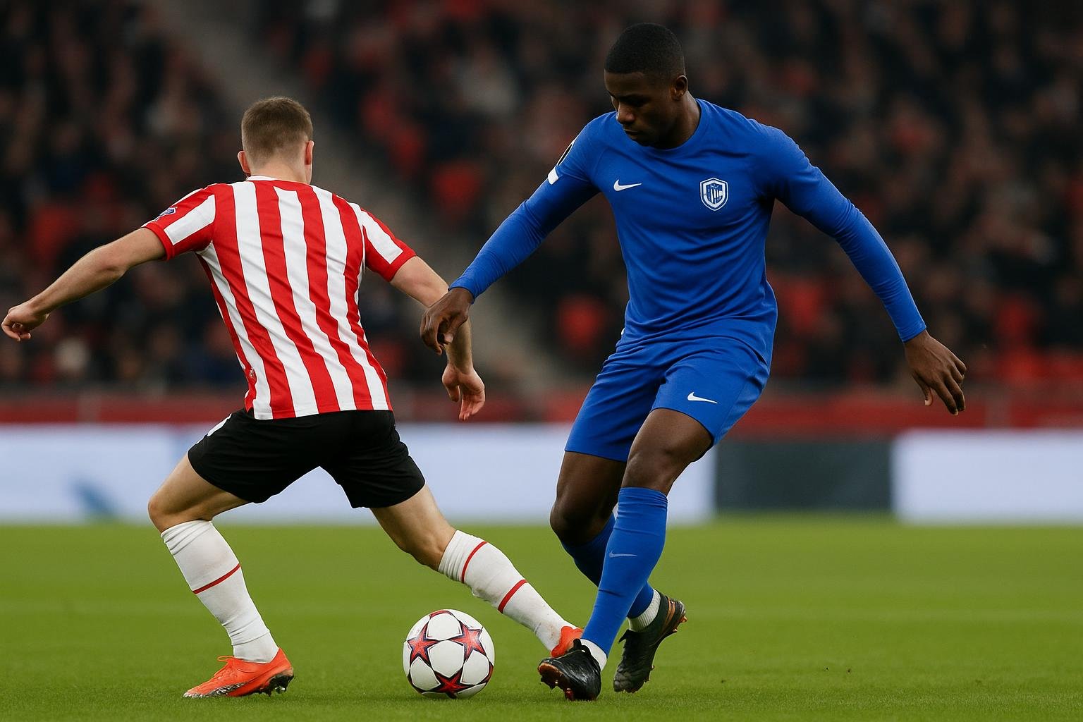 Spelmoment van KRC Genk in een Europese uitwedstrijd in een stadion