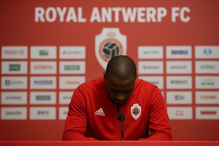 Joseph Oosting tijdens een persmoment bij Royal Antwerp FC op de Bosuil