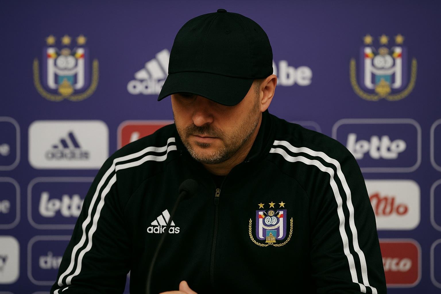 Besnik Hasi spreekt de pers toe bij RSC Anderlecht na de komst van spits Danylo Sikan