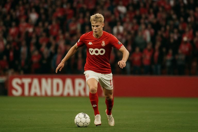 Anonieme jonge middenvelder van Standard Luik in actie op het veld