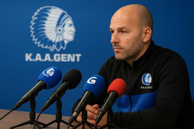 Rik De Mil tijdens een persmoment bij KAA Gent in de Planet Group arena