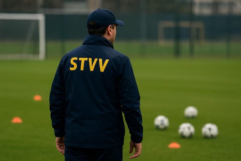 Wouter Vrancken, trainer van STVV, tijdens een sessie op het trainingsveld