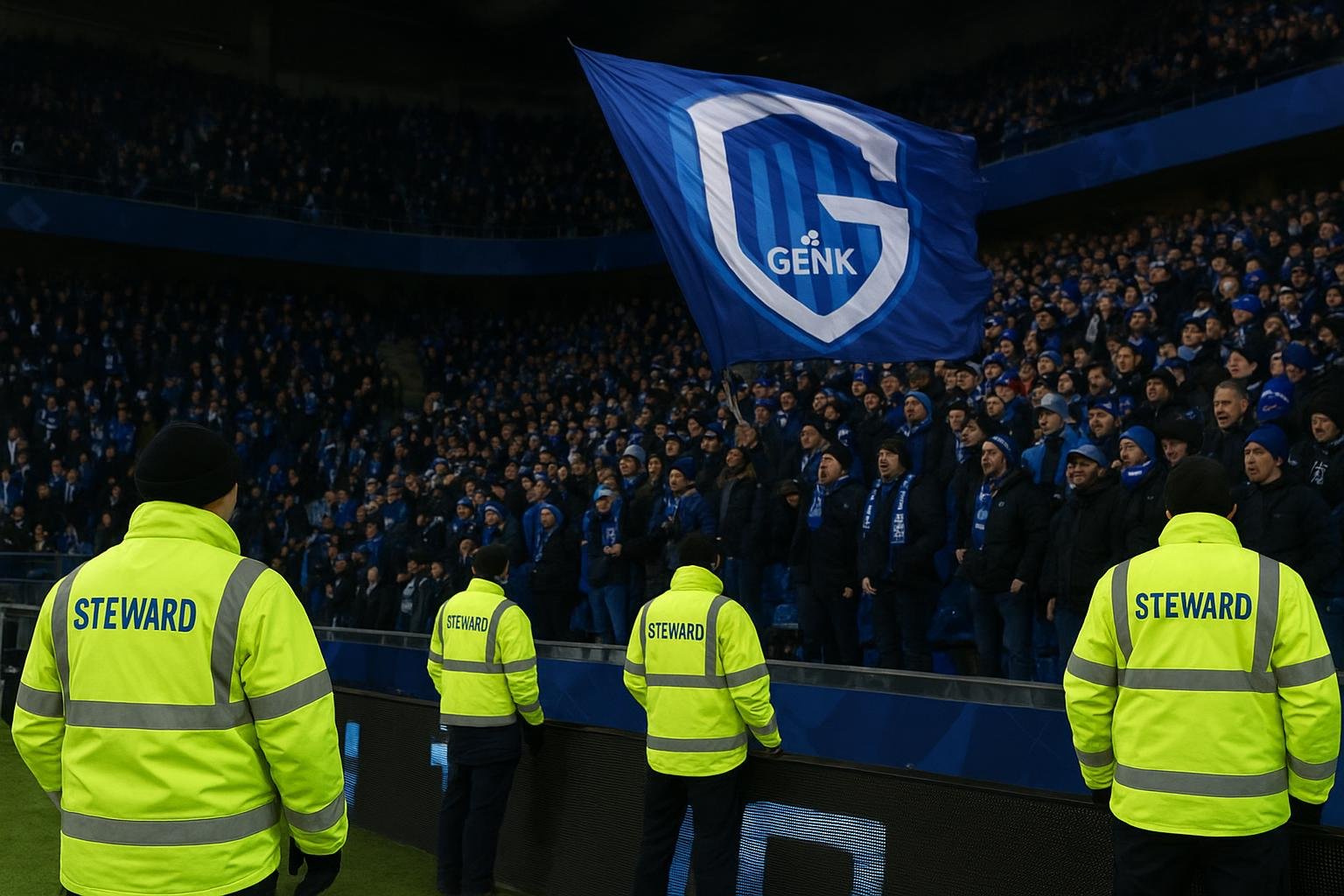 Sfeershot van een stadionvak met Genk-aanhang tijdens een Europese verplaatsing, met zicht op stewards en politie op de achtergrond.