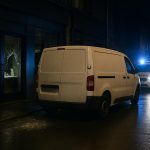 Politie en een bestelbus in een nachtelijke straatomgeving bij een juwelier, zonder herkenbare gezichten.