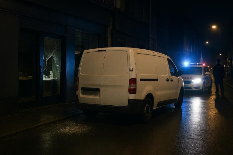 Politie en een bestelbus in een nachtelijke straatomgeving bij een juwelier, zonder herkenbare gezichten.