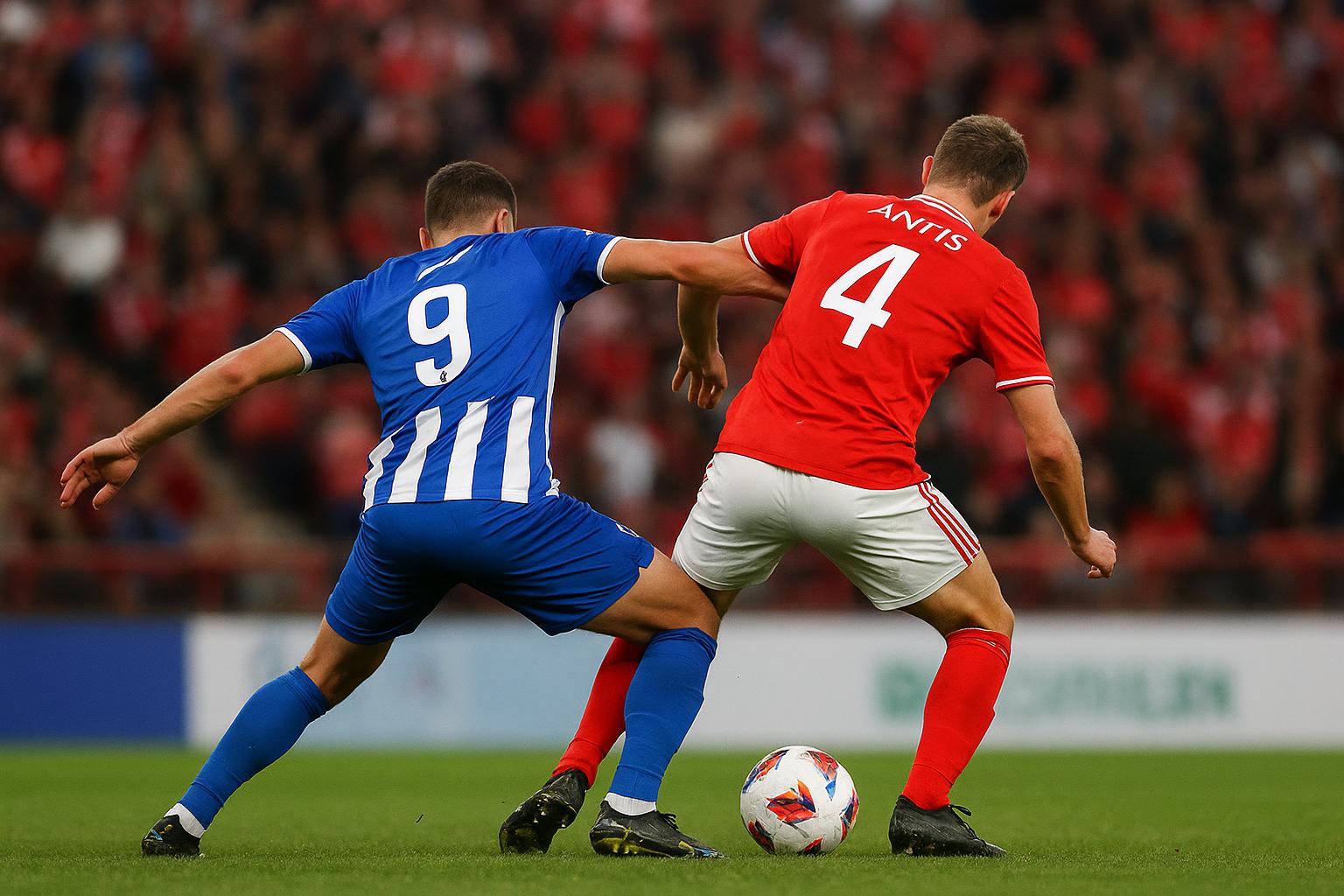 Wedstrijdbeeld van Standard Luik tegen KAA Gent met spelers in duel in Sclessin