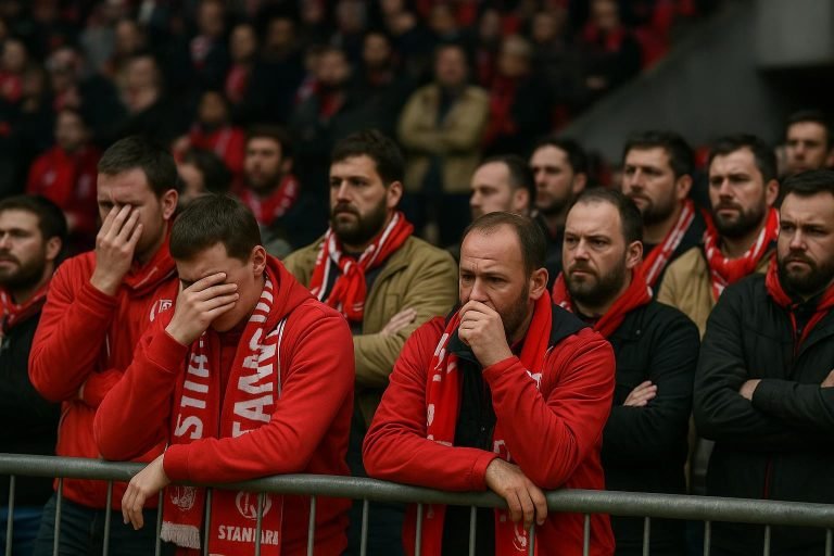 Supporters van Standard in de tribune tijdens een geladen avond in Sclessin