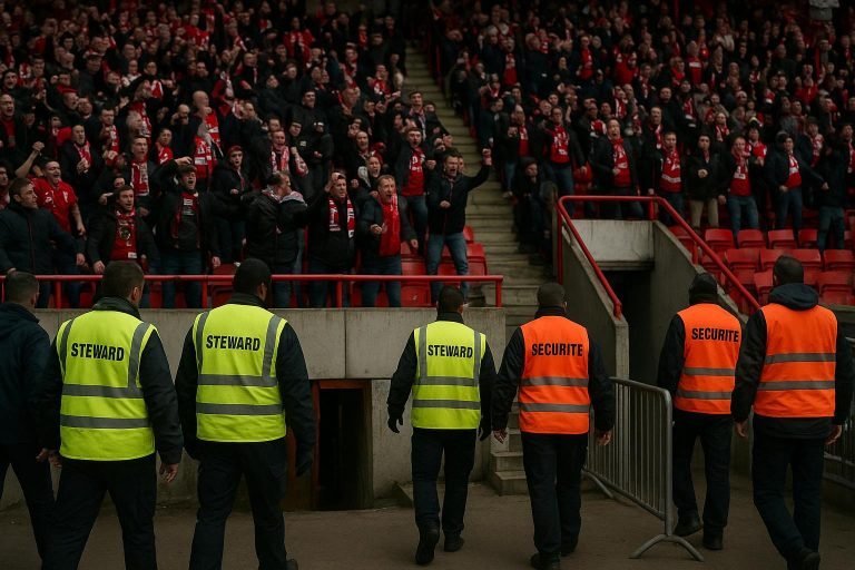 Stewards bewaken de spelerszone in het stadion van Standard Luik na onrust op Sclessin