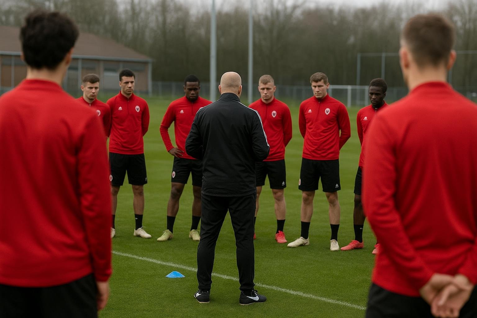 Spelers van Royal Antwerp FC op training terwijl Joseph Oosting aanwijzingen geeft