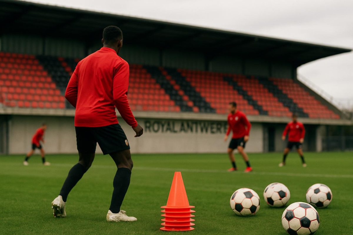 Training van Royal Antwerp FC met focus op het middenveld, zonder herkenbare gezichten
