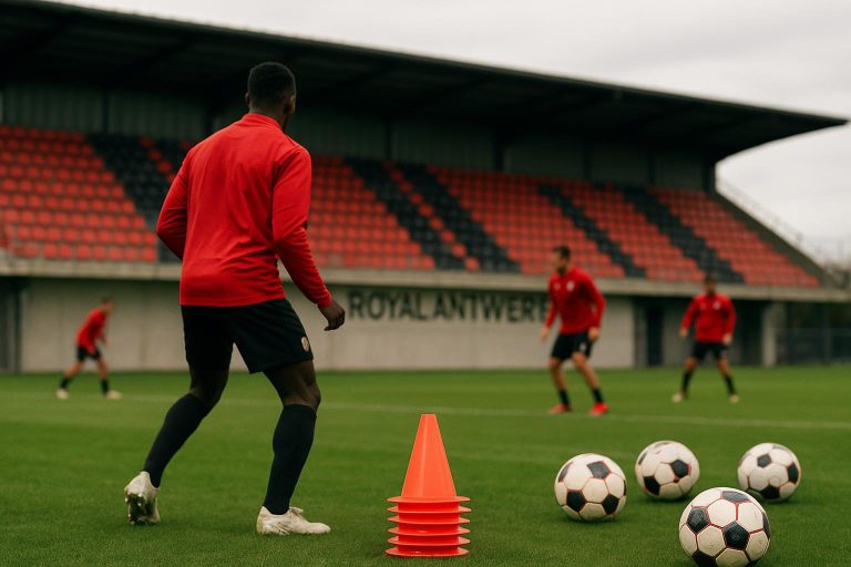 Training van Royal Antwerp FC met focus op het middenveld, zonder herkenbare gezichten