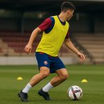 Trainingsbeeld van FC Barcelona met een jonge middenvelder, zonder herkenbare gezichten.