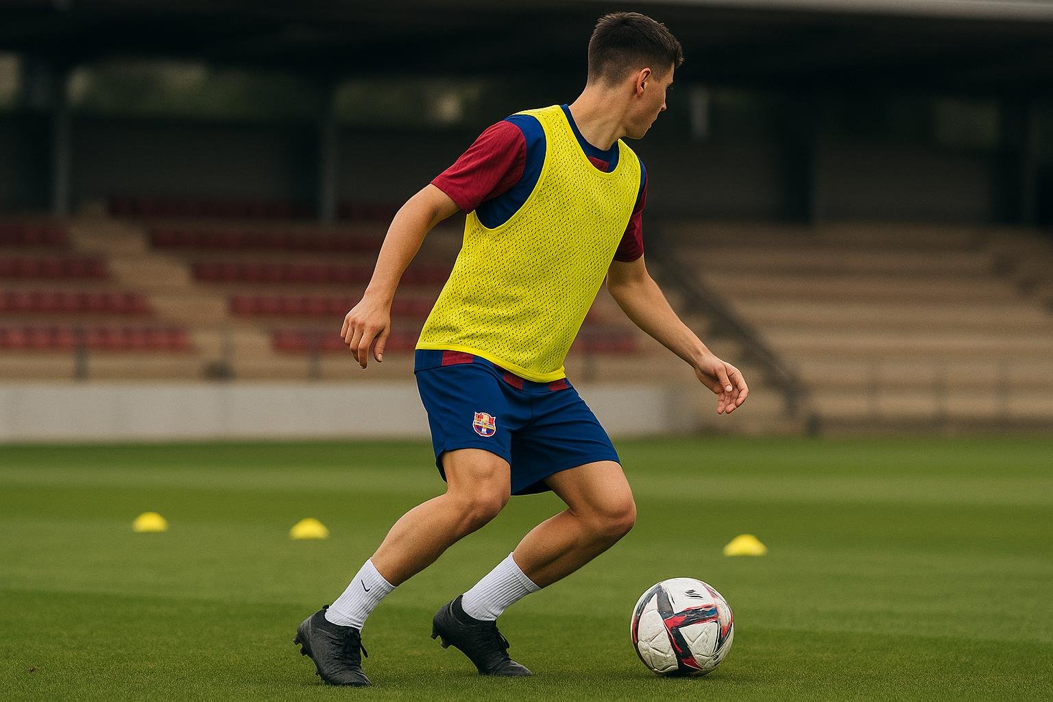 Trainingsbeeld van FC Barcelona met een jonge middenvelder, zonder herkenbare gezichten.