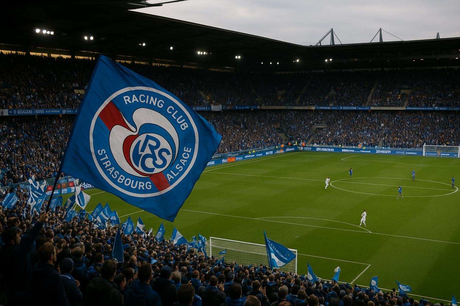 Overzichtsbeeld van een thuiswedstrijd van Strasbourg in het stadion