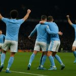 Spelers van Manchester City vieren een doelpunt tegen Wolverhampton in de Premier League.
