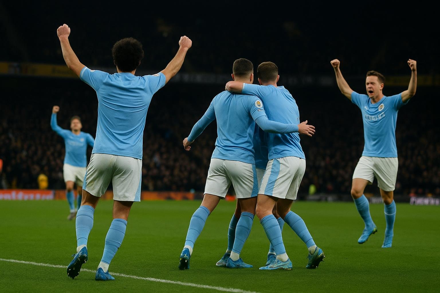 Spelers van Manchester City vieren een doelpunt tegen Wolverhampton in de Premier League.