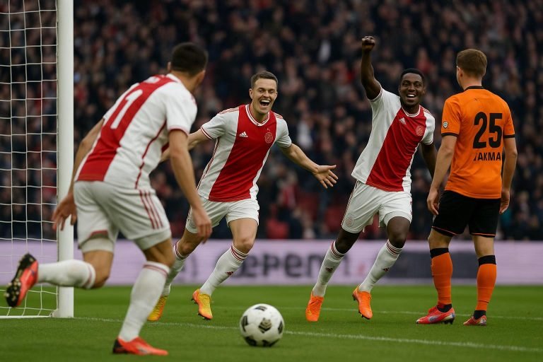 Ajax viert in de Johan Cruijff ArenA na een doelpunt tegen FC Volendam