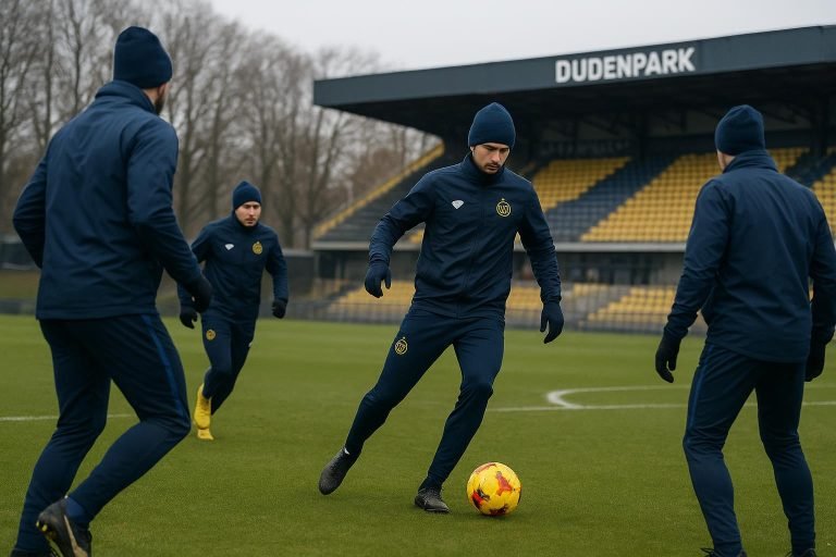 Sfeerbeeld van Union SG in het Dudenpark tijdens een winterse trainingssessie