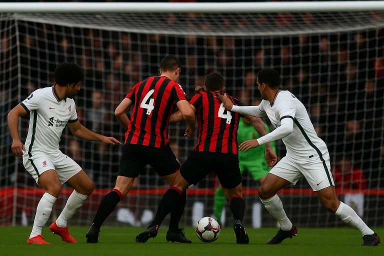 Spelmoment tijdens Bournemouth tegen Liverpool in de Premier League.