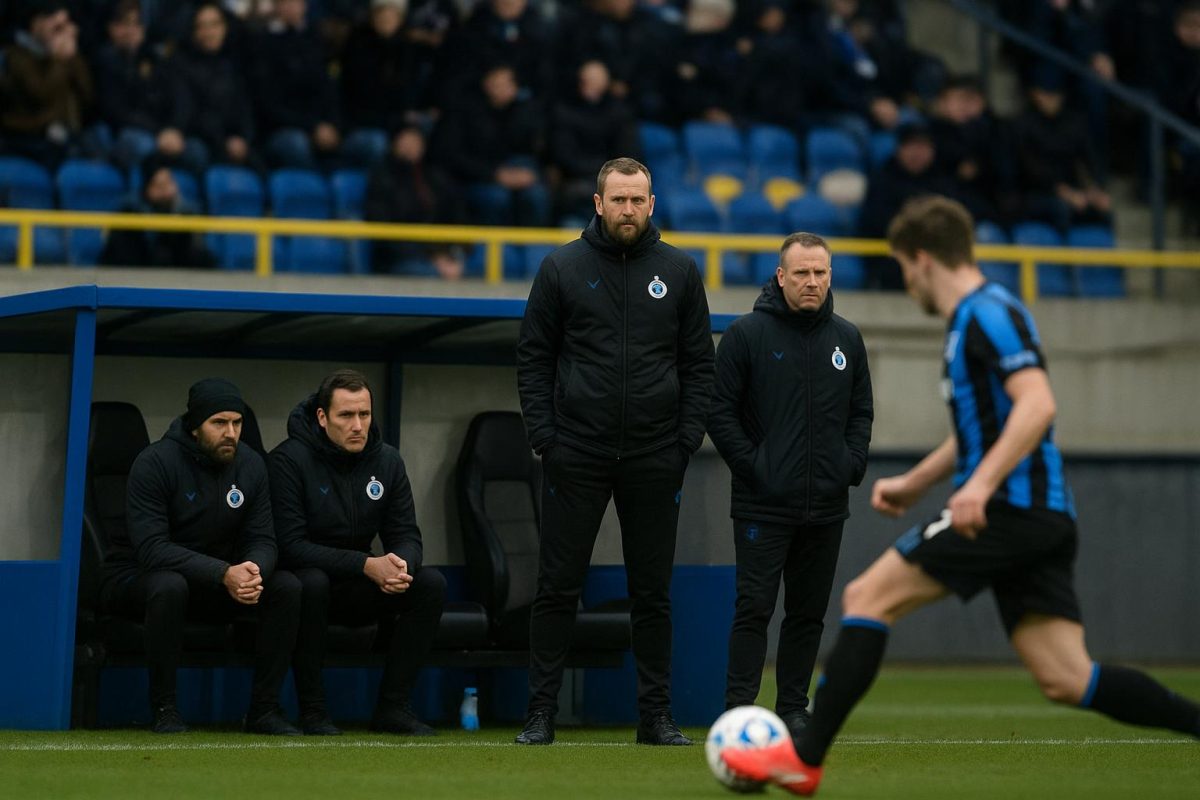 Bart Verhaeghe en Ivan Leko van Club Brugge langs de zijlijn tijdens een wedstrijd