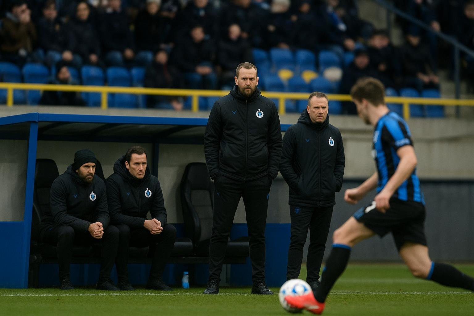Bart Verhaeghe en Ivan Leko van Club Brugge langs de zijlijn tijdens een wedstrijd